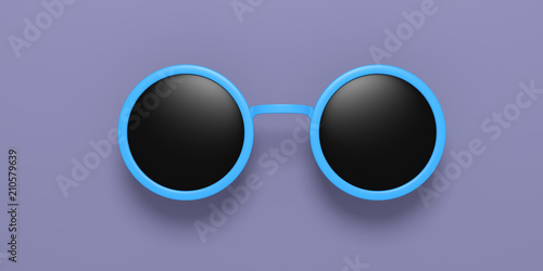 Sunglasses round blue metallic with black lens, isolated on a blue purple background, 3d illustration