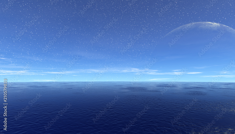 Alien Planet. Ocean and moon. 3D rendering