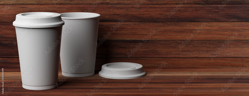 Coffee cups 2, white, with a lid, isolated on wooden background, copy space, banner, 3d illustration. Coffee cups 2, white, with a lid, isolated on wooden background, copy space, banner, 3d illustration.