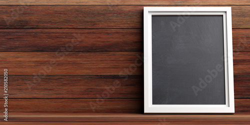 Blank blackboard on a wooden wall background, copy space, 3d illustration