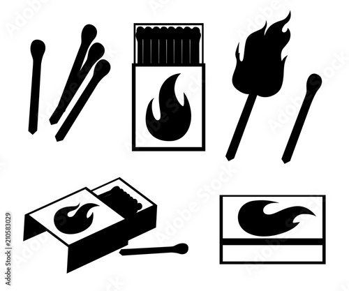 Black silhouette. Collection of matches. Burning match with fire, opened matchbox, burnt matchstick. Flat design style. Vector illustration isolated on white background