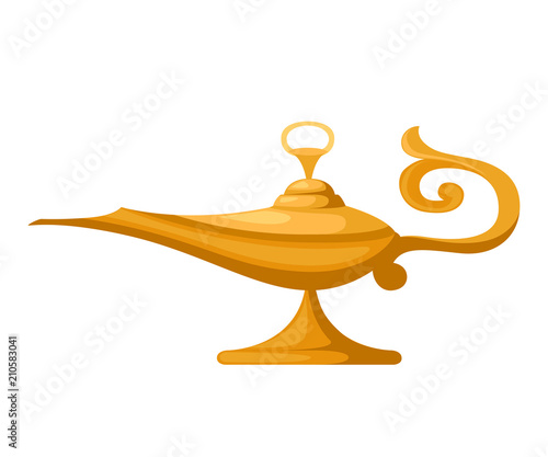 Oil lamp illustration. Aladdin magic or genie lamp. Flat style vector illustration. Isolated on white background