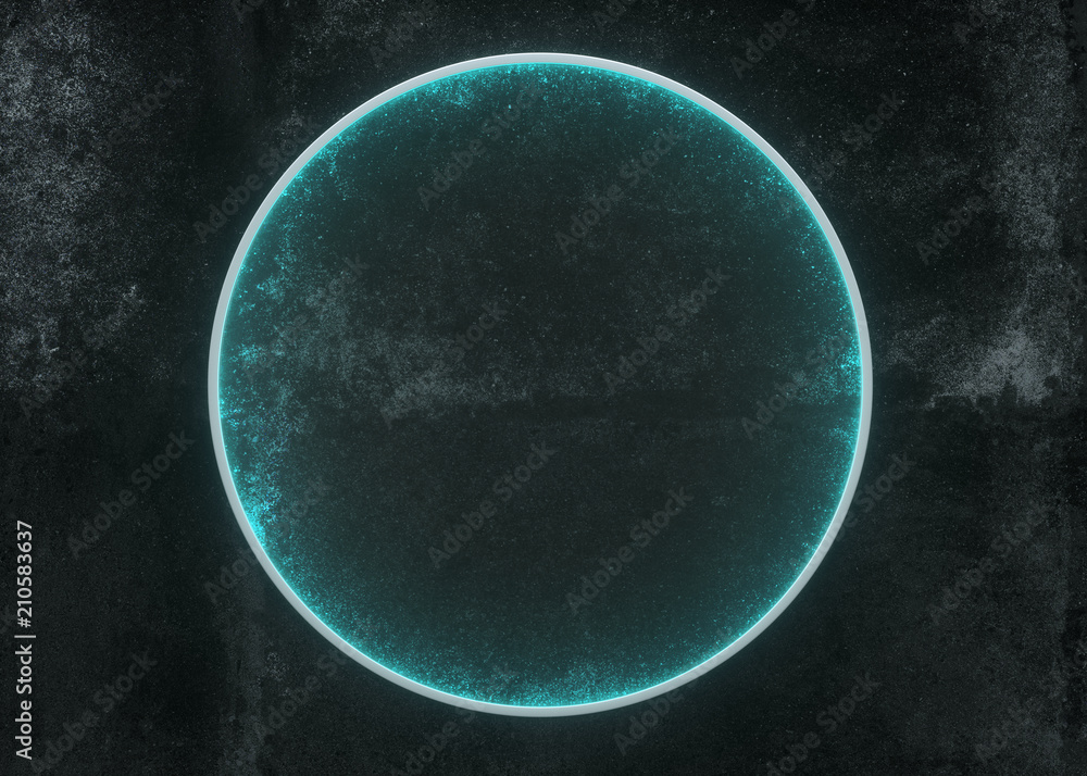 Room With Grunge Concrete Wall With Circle Blue Lightened Glass. Empty Space.3D Rendering Room With Grunge Concrete Wall With Circle Blue Lightened Glass. Empty Space.3D Rendering
