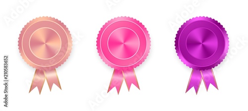 Set of labels orange, pink and purple with colored ribbons with gold ribbon on white background. Collection of world medals for winning products orange medal, pink medal, purple medal 