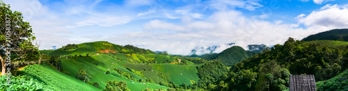 A landscape view of nature of green mountain at sunrise morning time with clear blue sky