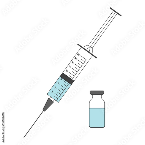 Syringe with blue vaccination on white background