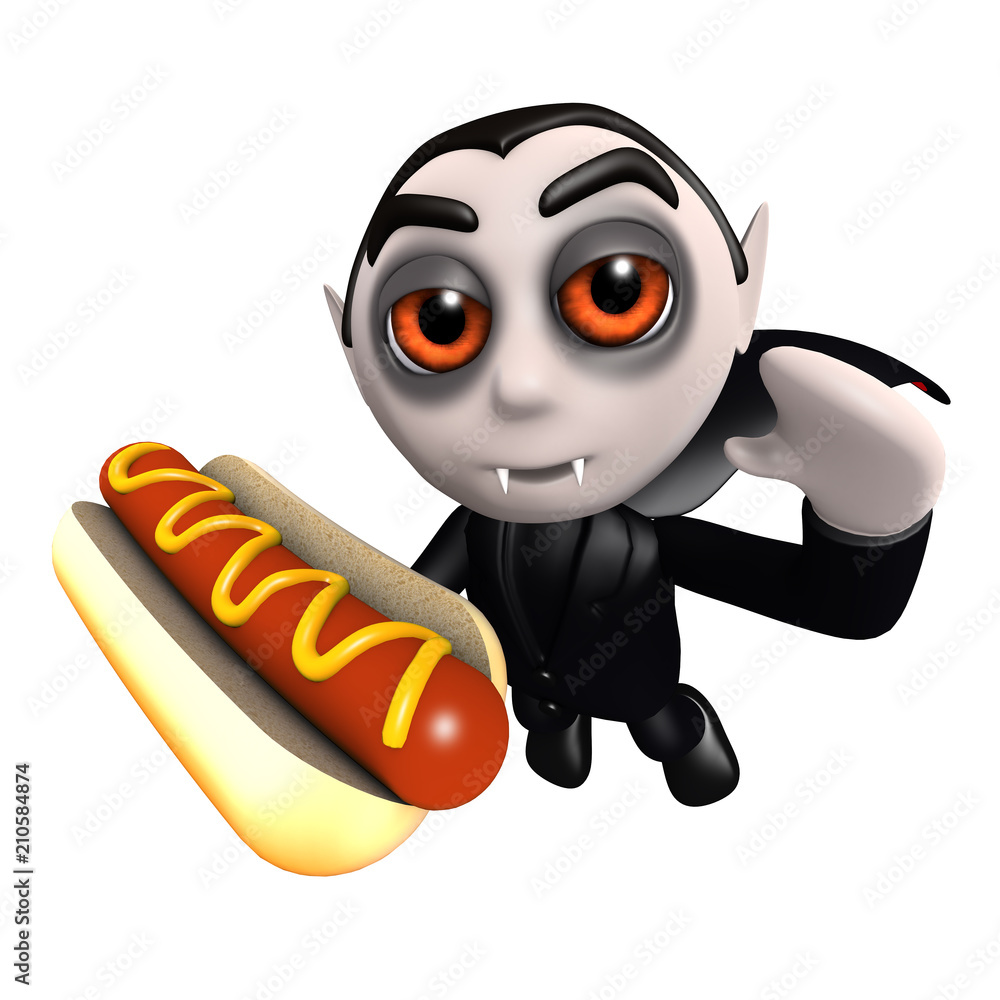 3d Funny cartoon Halloween dracula vampire character eating a hot dog snack Stock Illustration | Adobe Stock 3d Funny cartoon Halloween dracula vampire character eating a hot dog snack Stock Illustration | Adobe Stock