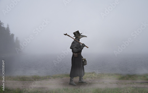 Reconstruction of the medieval scene: the plague doctor on the way