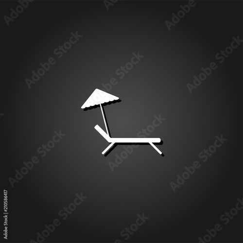 Beach umbrella and lounger icon flat. Simple White pictogram on black background with shadow. Vector illustration symbol