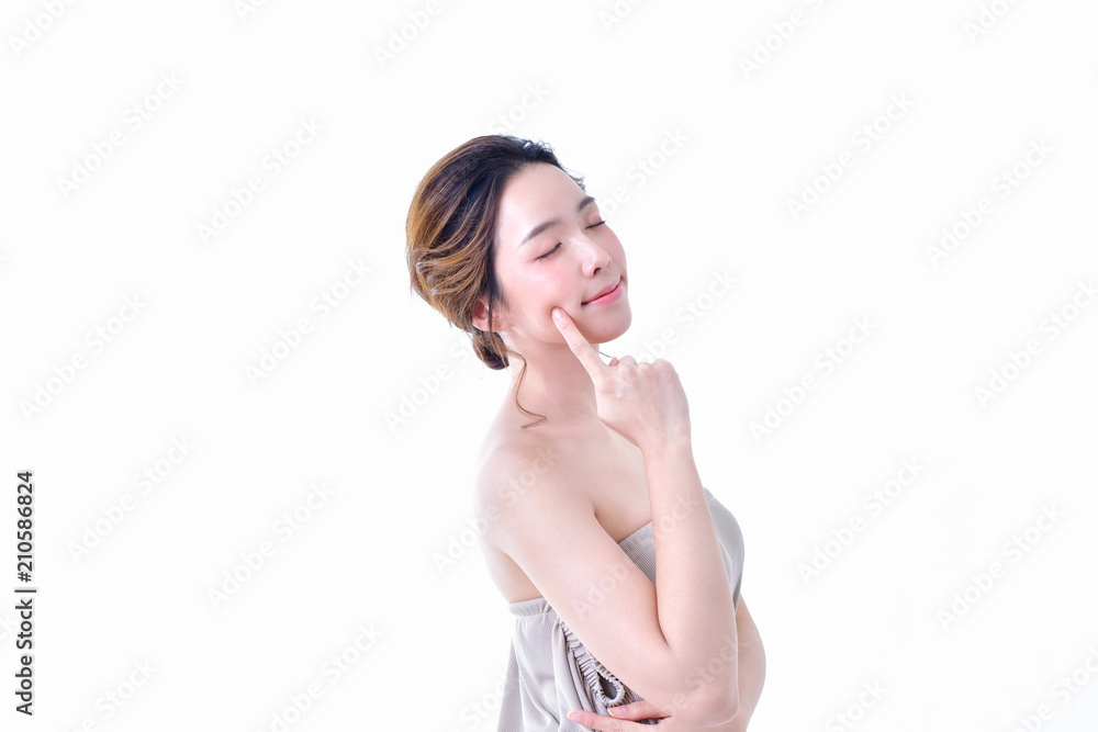 The concept of healthy beautiful woman. Beautiful women keep healthy. Beautiful women take care of skin health. Beautiful girl on white background The concept of healthy beautiful woman. Beautiful women keep healthy. Beautiful women take care of skin health. Beautiful girl on white background