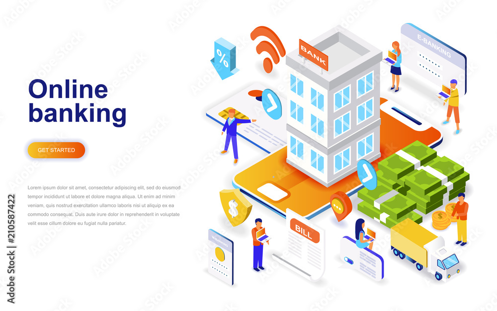 Online banking modern flat design isometric concept. Electronic bank and people concept. Landing page template. Conceptual isometric vector illustration for web and graphic design.
