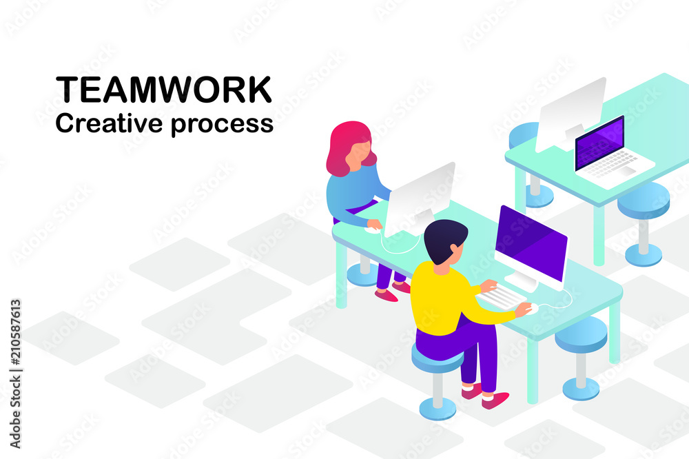 Naklejka premium teamwork. people at work. isometric 3d vector illustration.