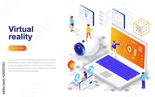 Virtual augmented reality glasses modern flat design isometric concept. Entertaining and people concept. Landing page template. Conceptual isometric vector illustration for web and graphic design.