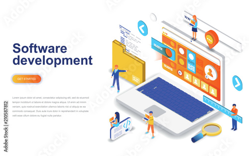 Software development modern flat design isometric concept. Developer and people concept. Landing page template. Conceptual isometric vector illustration for web and graphic design.