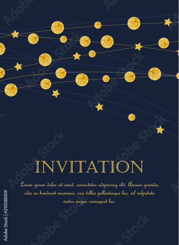 Vector illustration card template with golden color circles background. Design with gold glittering polka dot decoration