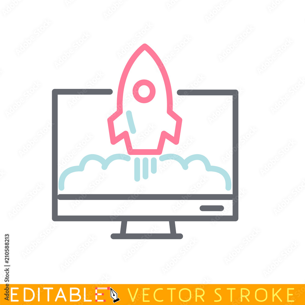 Computer monitor with a rocket flying out of the screen, startup business or project concept. Editable stroke sketch icon. Stock vector illustration. Computer monitor with a rocket flying out of the screen, startup business or project concept. Editable stroke sketch icon. Stock vector illustration.
