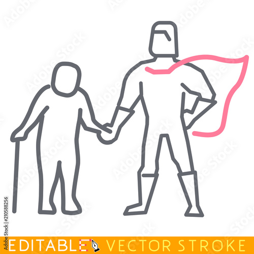 Superhero cares about senior. Gerontology concept. Editable stroke sketch icon. Stock vector illustration.