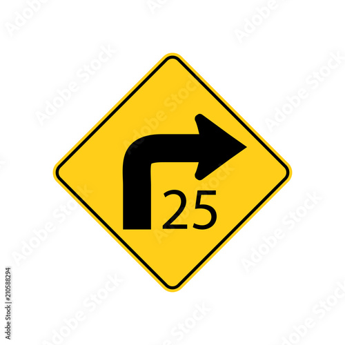 USA traffic road signs. low speed sharp right curve ahead, advisory to reduce speed to 25 mph in ideal driving conditions. vector illustration