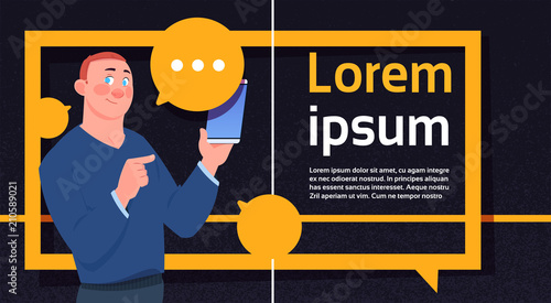 man using chat bubbles send message , boy hold phone, support virtual assistance of website or mobile applications, chat messenger concept flat Vector Illustration