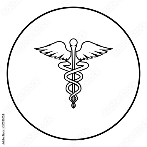 Caduceus health symbol Asclepius's Wand icon black color in circle round