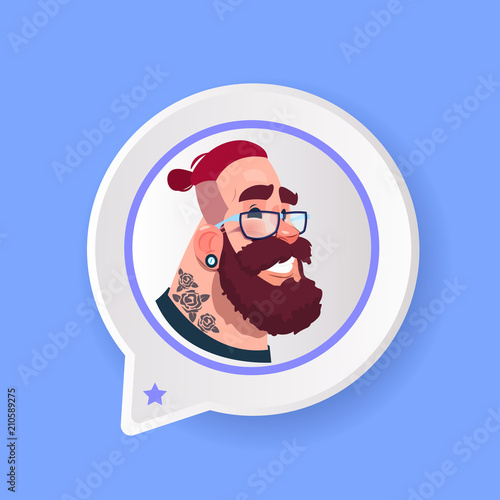 profile serious beard tatoo face chat support bubble male emotion avatar, man cartoon icon portrait flat vector illustration