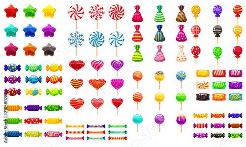 Supe set of different sweets on white background hard candies dragee jelly beans peppermint candy. Vector illustration,