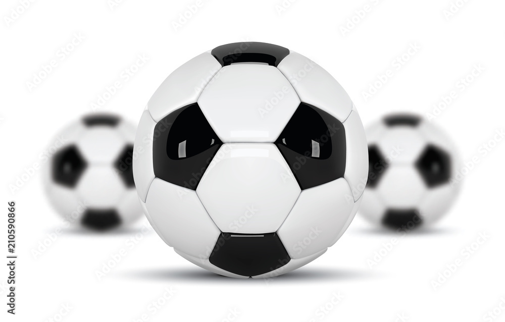 Realistic soccer balls or football ball on white background. Set of three 3d Style vector Ball isolated on white background. Football design with blurred balls Realistic soccer balls or football ball on white background. Set of three 3d Style vector Ball isolated on white background. Football design with blurred balls