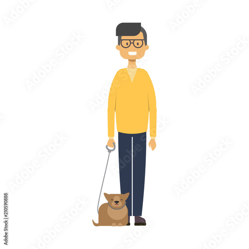 man walking with cat. full length boy with pets on white background cute guy, happy family concept, flat cartoon design vector illustration