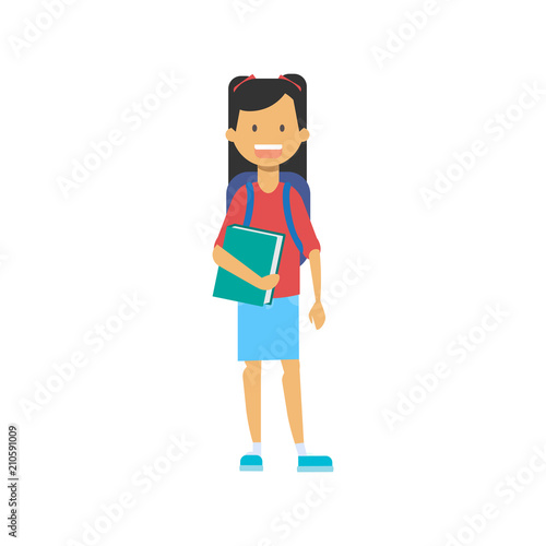casual schoolgirl with backpack and copybook, happy school pupil full length avatar on white background, successful study concept, flat cartoon design vector illustration