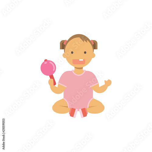 little baby dirl hold toy rattle , happy children full length avatar on white background, successful kindergarten concept, flat cartoon design vector illustration