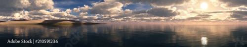 Panorama of a sea sunset, Seascape at sunset, Light above the water of a cloud in the sky. 3D rendering 