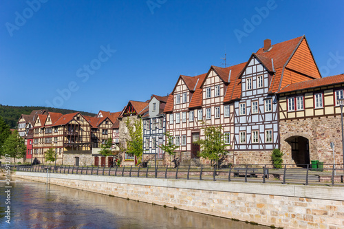 Colorful houses at the Fulda riverside in historic Hannoversch Munden, Germany