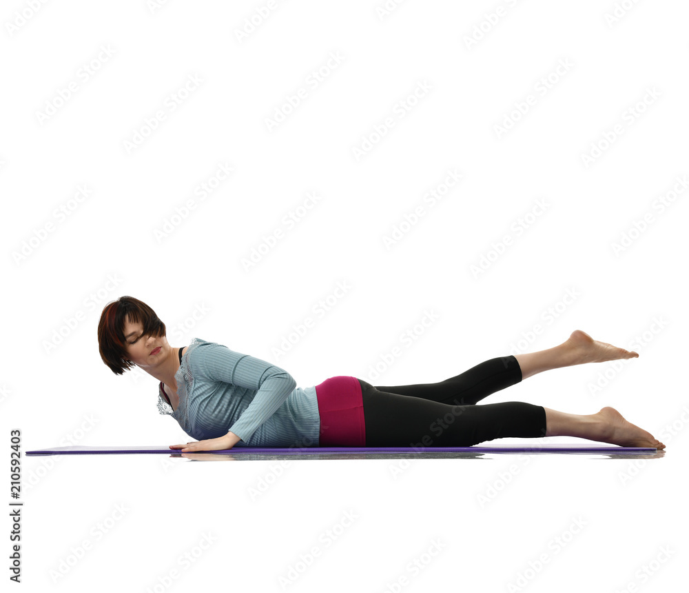 Mother woman exercising doing postnatal workout. Female fitness stretching hands and legs in gym work out exercises Mother woman exercising doing postnatal workout. Female fitness stretching hands and legs in gym work out exercises