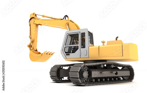 Hydraulic Excavator with bucket. 3d illustration. Rear side view. Wide angle. Isolated on white background