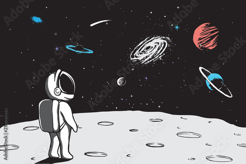 Astronaut looks to universe from planet.Hand drawn vector illustration