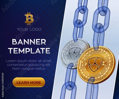 Crypto currency editable banner template. Nem. 3D isometric Physical bit coin. Golden and silver Nem coins with wireframe chain. Block chain concept. Stock vector illustration.