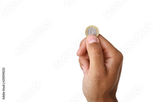 man's hand holding euro coin