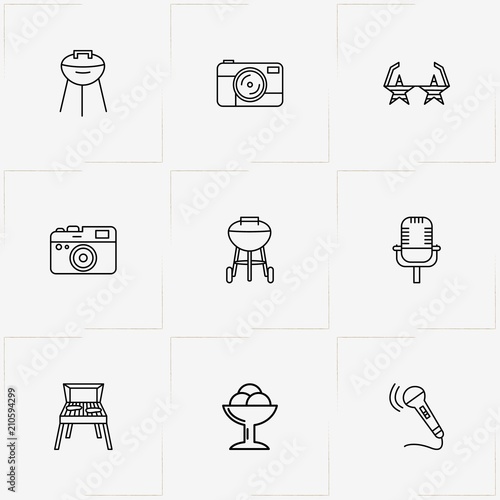 Party line icon set with microphone, rock star spectacles and photo camera