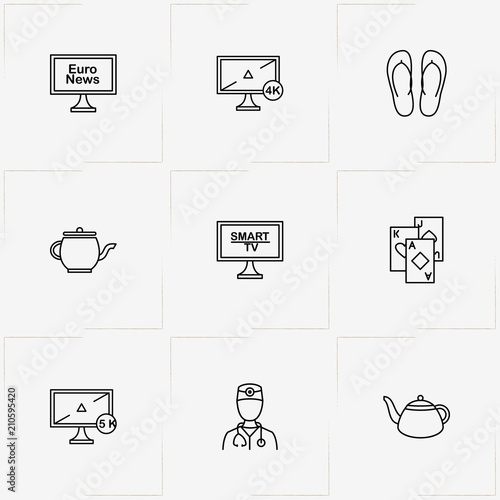 Pensioner line icon set with slippers, doctor  and television