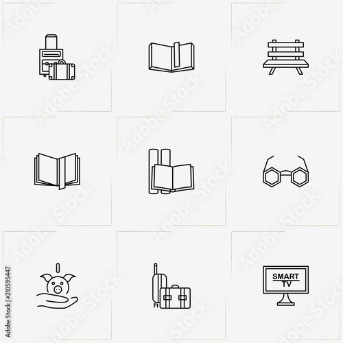 Pensioner line icon set with book, baggage and television