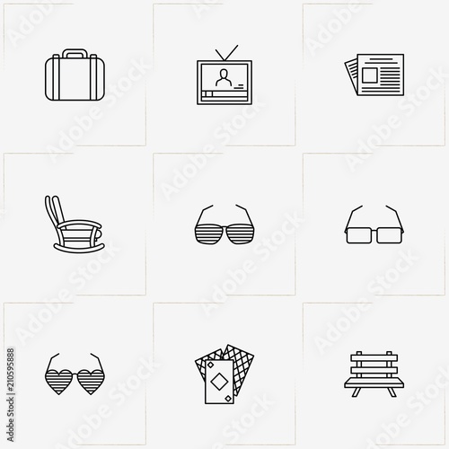 Pensioner line icon set with television, spectacles and rocking chair