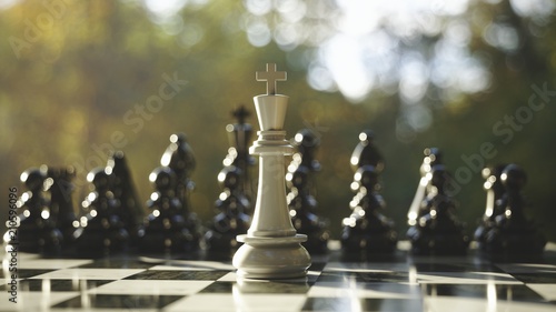 3D Rendering king staying against full set of chess pieces
