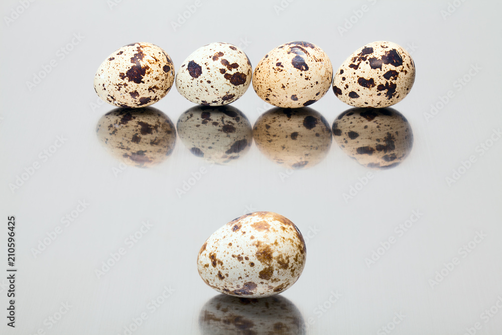 Quail eggs on a mirror metallic background. Quail eggs on a mirror metallic background.
