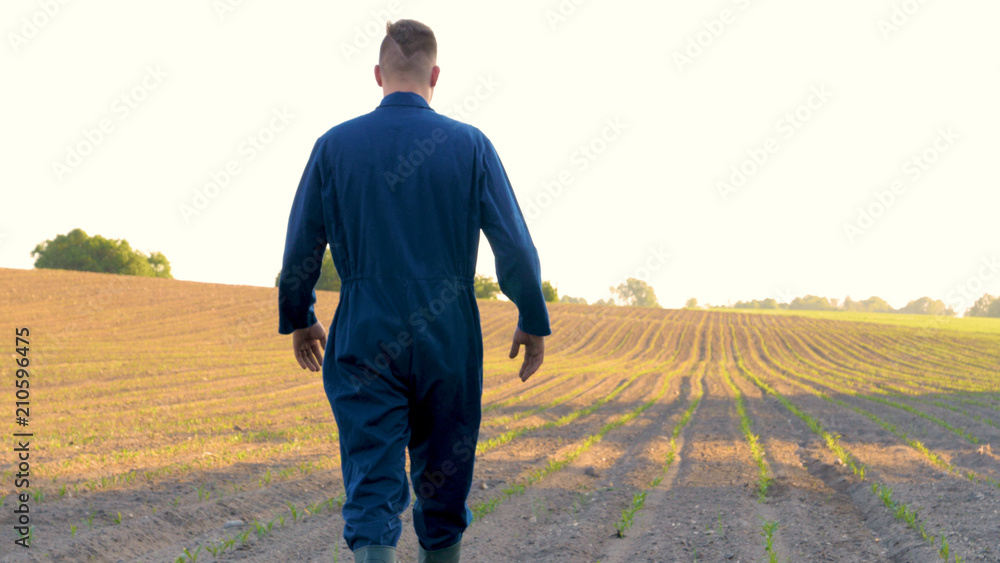 A young farmer in a blue robe walks the field looking at planted plants. Concept: clean air, bio, agriculture.