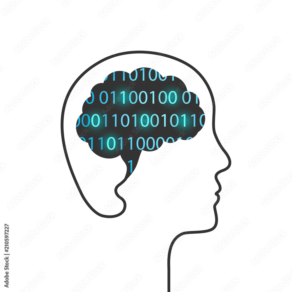 Brain and binary code as artificial intelligence concept. Glowing computer code as processing and thinking metaphor.