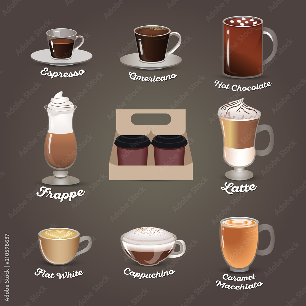 Coffee set. Espresso, americano, hot chocolate, frappe, latte, flat white,  cappuchino, caramel macchiato. Cafe menu Vector illustration Stock Vector |  Adobe Stock