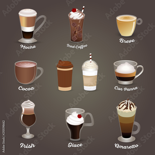 Coffee set. Mocha, iced coffee, breve, cocoa, con panna, irish, glace, amaretto. Cafe menu. Vector illustration