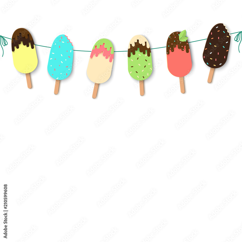 Template poster design with garland of paper ice cream with different confectionery and sauces. Summer sweets in modern paper art style, vivid colors. Template poster design with garland of paper ice cream with different confectionery and sauces. Summer sweets in modern paper art style, vivid colors.
