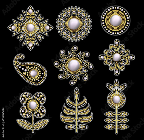Textile embroidered patches with sequins, beads and pearls. Vector illustration.
