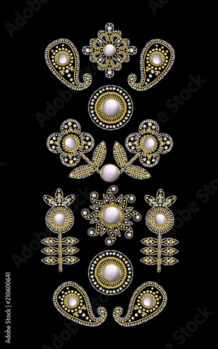 Textile embroidered patches with sequins, beads and pearls. Vector illustration.
